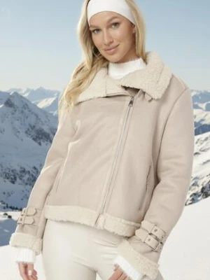 Beżowa Kurtka Biker Ozdobiona Wstawkami z Futerka i Paskami Nonnie elsa.m by may