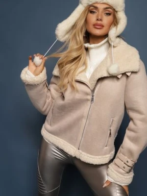 Beżowa Kurtka Biker z Futerkiem Asymetrycznym Suwakiem i Paseczkami Sanet elsa.m by may