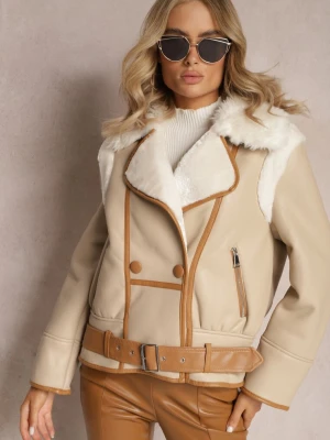 Beżowa Kurtka Biker z Ozdobną Lamówką Paskiem z Klamrą i Futerkiem Liraeua New Collection