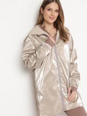 Beżowa Kurtka Dwustronna z Nieodpinanym Kapturem i Metalicznym Efektem Lirednil melya by melody