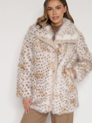 Beżowa Kurtka Futerko na Suwak z Szerokim Kołnierzem Plinne