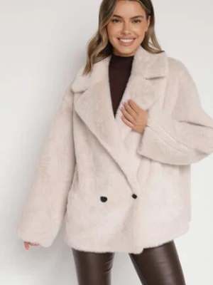 Beżowa Kurtka Futerko o Dwurzędowym Kroju Oversize Nalizana ann gissy