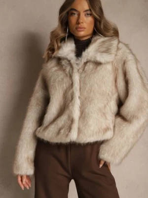 Beżowa Kurtka Futerko o Fasonie Cropped z Kołnierzem Abentia yu & me