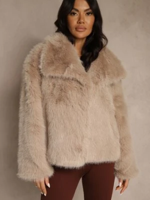 Beżowa Kurtka Futerko o Jednorzędowym Kroju z Szerokim Kołnierzem Dezile