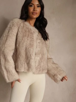 Beżowa Kurtka Futerko o Prostym Fasonie z Okrągłym Dekoltem Iddane ann gissy