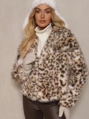 Beżowa Kurtka Futerko w Panterkowy Print z Szerokim Kołnierzem Nalorienne yu & me