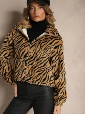 Beżowa Kurtka Futerko w Zebrowy Print ze Ściągaczem i Kieszeniami Felremi defox