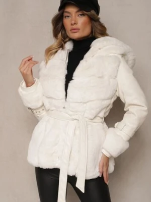 Beżowa Kurtka Futerko z Ekoskórzanymi Rękawami z Klamrami Kapturem i Wiązanym Paskiem Mesizelle j.style