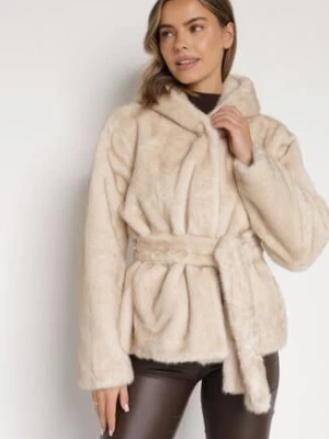 Beżowa Kurtka Futerko z Kapturem i Wiązanym Paskiem Zetara