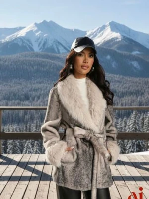 Beżowa Kurtka Futerko z Wiązanym Paskiem i Szerokim Kołnierzem Coverra ann gissy