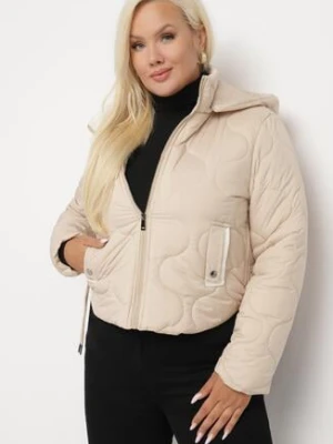 Beżowa Kurtka Krótka z Pikowaniem i Odpinanym Kapturem Taraes black&fish