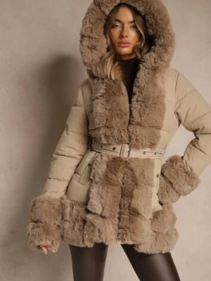 Beżowa Kurtka o Taliowanym Kroju z Paskiem Kapturem i Futerkiem Ranalia swest