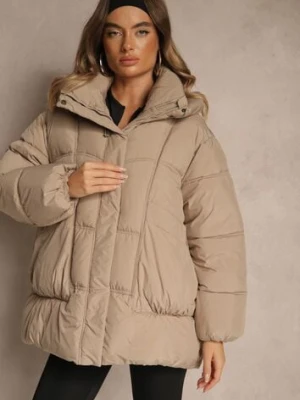 Beżowa Kurtka Oversize z Pikowanymi Przeszyciami i Kapturem Galeana swest