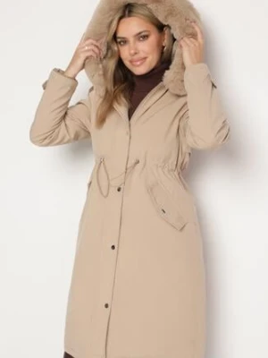 Beżowa Kurtka Parka Długa ze Ściągaczami i Futerkiem Odpinanym Delanira metro five