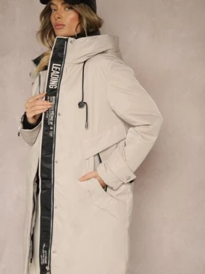 Beżowa Kurtka Parka o Pudełkowym Kroju z Kapturem i Kieszeniami Kaionna bh forever