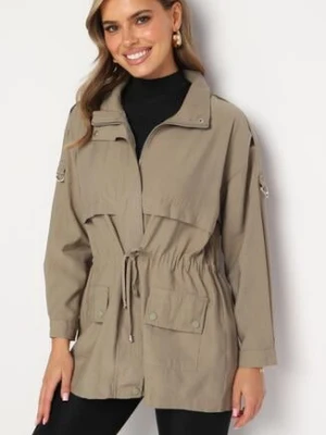 Beżowa Kurtka Parka z Bawełną Ściągana w Pasie Troczkiem Zapinana na Napy Velethra h&s