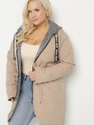 Beżowa Kurtka Parka z Nieodpinanym Kapturem i Napisami Zolzia swest
