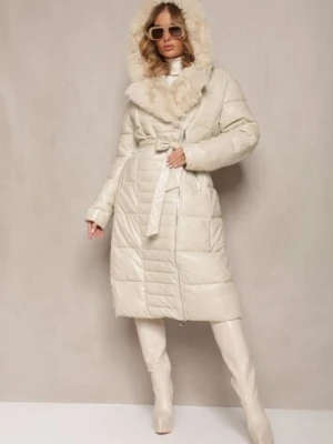 Beżowa Kurtka Pikowana Długa Płaszcz z Imitacji Skóry z Futerkiem Flechie ann gissy