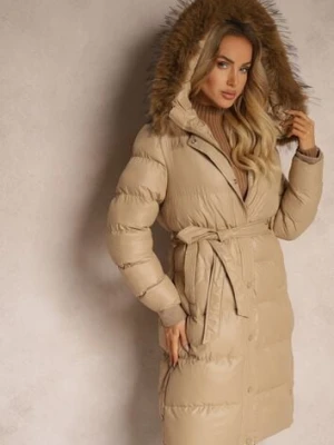 Beżowa Kurtka Pikowana o Długim Kroju z Kapturem Wiązana w Pasie z Odpinanym Futerkiem Phorira jstyle