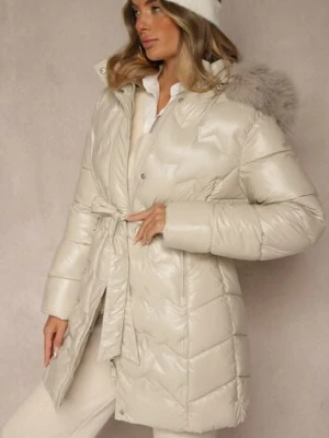 Beżowa Kurtka Pikowana z Odpinanym Futerkiem i Kapturem Ozdobiona Paskiem Olinesa romee's