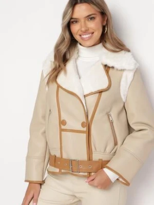 Beżowa Kurtka Pilotka z Beżową Lamówką z Kołnierzem z Futerkiem i Paskiem Divona new collection