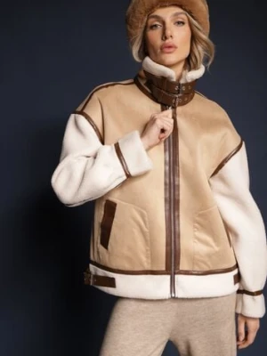 Beżowa Kurtka Pilotka ze Sztucznym Barankowym Futerkiem Phaerehe elsa.m by may