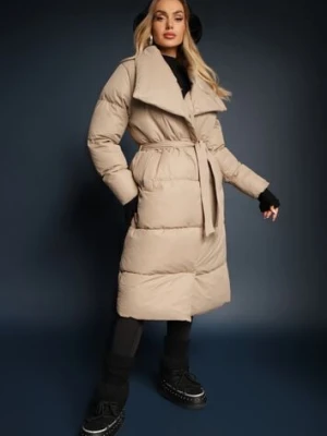 Beżowa Kurtka Płaszcz z Wysokim Kołnierzem Zapinana na Napy z Paskiem Luliriva j.style