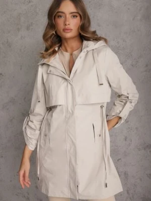 Beżowa Kurtka Przejściowa Typu Parka z Odpinanym Kapturem Ozdobiona Sznurkami Fallaiah swest