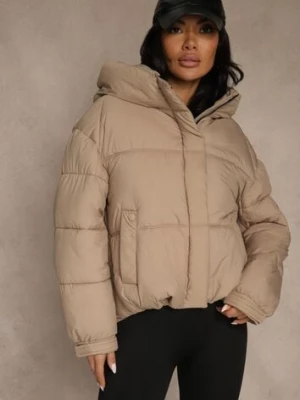 Beżowa Kurtka Puffer z Pikowaniem Kapturem i Kieszonką przy Rękawie Galeida swest