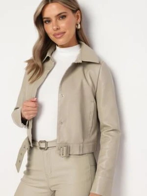 Beżowa Kurtka Ramoneska z Ekoskóry z Paskiem w Talii Mevarela rosse line