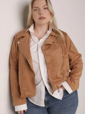 Beżowa Kurtka Ramoneska z Imitacji Zamszu z Asymetrycznym Suwakiem Maisen christy