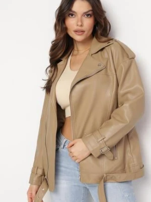 Beżowa Kurtka Ramoneska z Ozdobnym Paskiem z Ekoskóry Kotiara