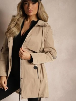 Beżowa Kurtka w Stylu Parki z Rękawami z Regulacją Kapturem i Troczkami Terilanita swest