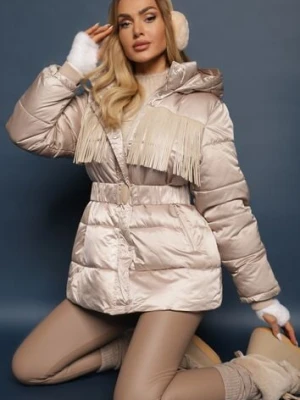 Beżowa Kurtka z Kapturem i Marszczonym Paskiem Zdobiona Frędzlami i Pikowaniem Sanathra lovery