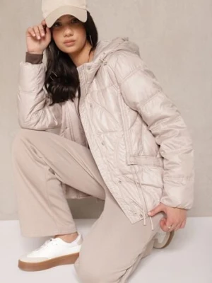 Beżowa Kurtka z Kapturem Sznurkami i Ozdobnymi Przeszyciami Karedia bh forever