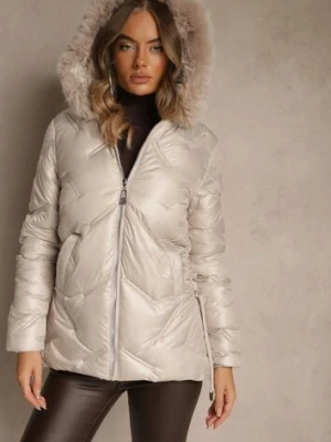 Beżowa Kurtka z Ozdobnym Pikowaniem i Kapturem z Futrem Naliavea swest
