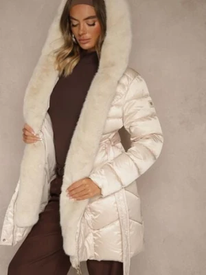 Beżowa Kurtka z Pikowanym Przeszyciami Wiązanym Paskiem i Kapturem z Futrem Fenida papillon d'or