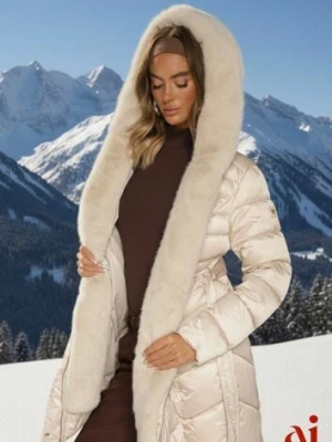 Beżowa Kurtka z Pikowanym Przeszyciami Wiązanym Paskiem i Kapturem z Futrem Fenida papillon d'or