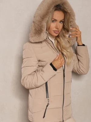 Beżowa Kurtka z Pikowanymi Przeszyciami i Futrzanym Kapturem z Możliwością Odpięcia Zinriya swest
