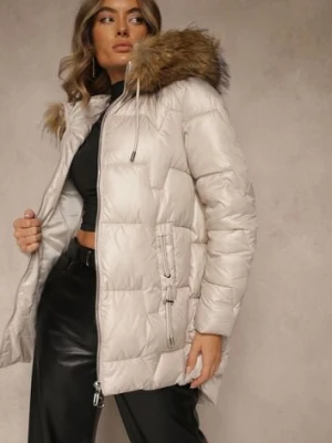 Beżowa Kurtka z Pikowanymi Przeszyciami i Kapturem z Odpinanym Futrem Galenea swest