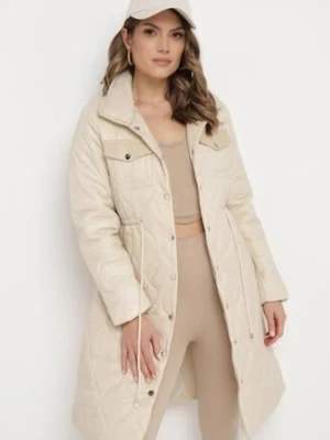 Beżowa Kurtka za Kolano z Kołnierzem Pikowana Chloime ann gissy