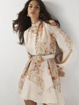 Beżowa Kwiatowa Rozkloszowana Sukienka Ozdobiona Paskiem Nolavia