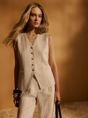 Beżowa lniana kamizelka z metaliczną nicią TARANKO