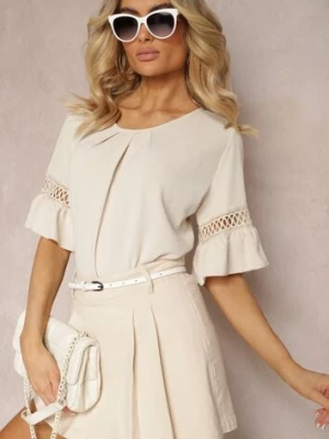 Beżowa Luźna Bluzka z Ażurową Wstawką na Rękawach Birian new collection