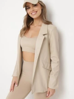 Beżowa Marynarka o Pudełkowym Fasonie z Ekoskóry z Poduszkami w Ramionach Sunins lily rose