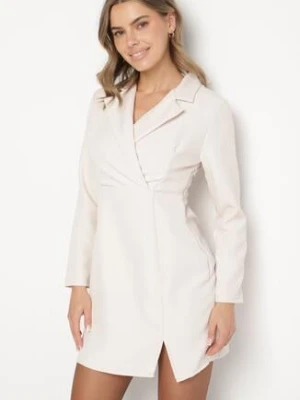 Beżowa Marynarkowa Sukienka Mini z Kopertową Górą Nivrade