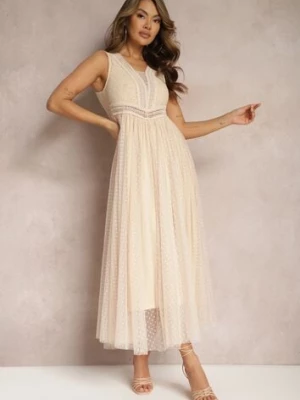 Beżowa Maxi Sukienka o Rozkloszowanym Kroju z Koronką i Tiulem Herdolia elsa.m by may