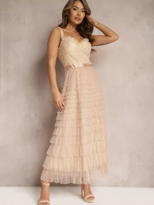 Beżowa Maxi Sukienka Rozkloszowana Sukienka na Ramiączkach z Gorsetową Górą Ocartia elsa.m by may