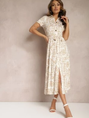 Beżowa Midi Sukienka Koszulowa z Ornamentalnym Printem Wiązana w Talii Beala
