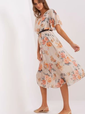 Beżowa midi sukienka w kwiaty z paskiem Italy Moda